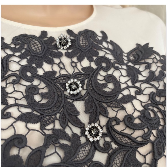 DOLCE & GABBANA Silk Black Lace Appliqué Crystal Embellished Cap Sleeve Blouse - Picture 6 of 17